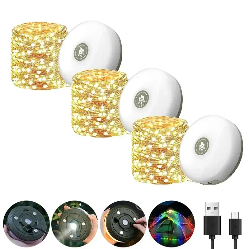 KDULIT Multifunktionale 4-in-1-Design-Camping-Lichterkette, USB wiederaufladbar, Outdoor-Zelt-Dekor-Licht, XTE-LED-Taschenlampe mit Magnethaken 3