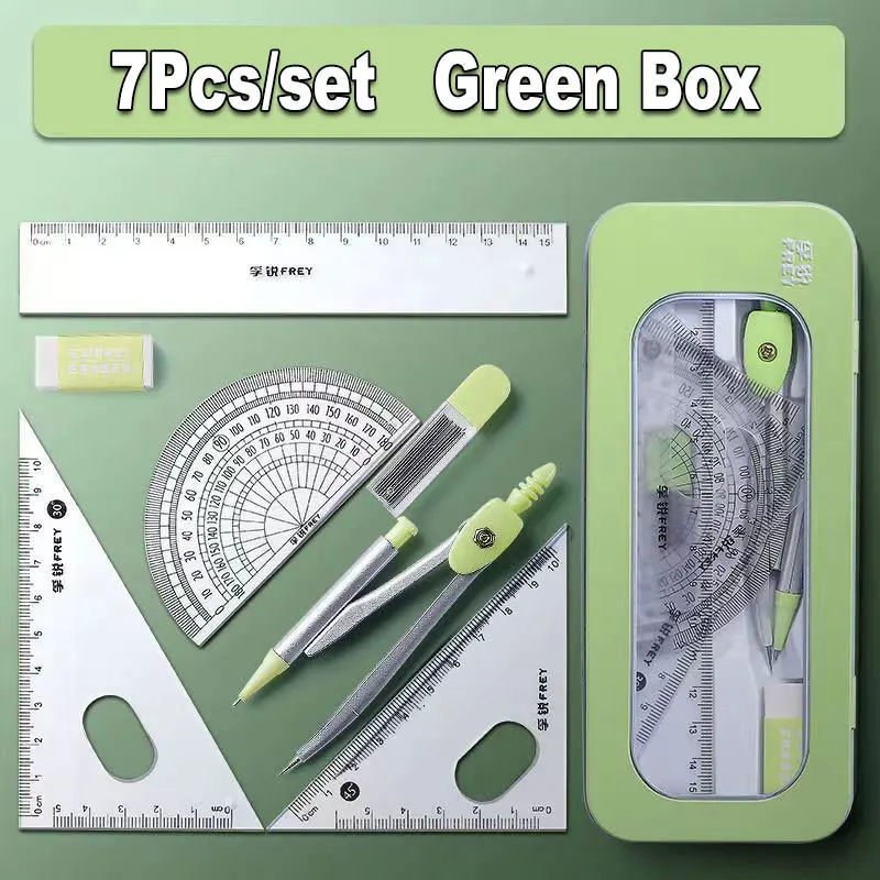 7Pcs Stationery Set With Metal Box Ruler Compasses Protractor Eraser Measurement Tool For Drawing Drafting Design Student Exam