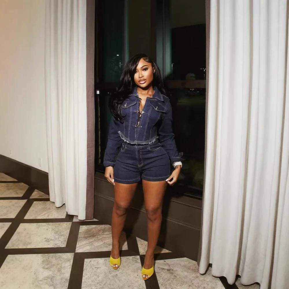 

Denim Pant Set Women Two Piece Sets Turn Down Collar Full Sleeve Jacket Short Pants Slim Fit Frayed Hem Y2k Streetwear Spring