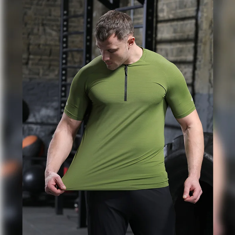 Summer Men's Outdoor Stand Collar Half Zipper Sports T-shirt High Elastic Breathable Quick-drying Clothes Short Sleeves