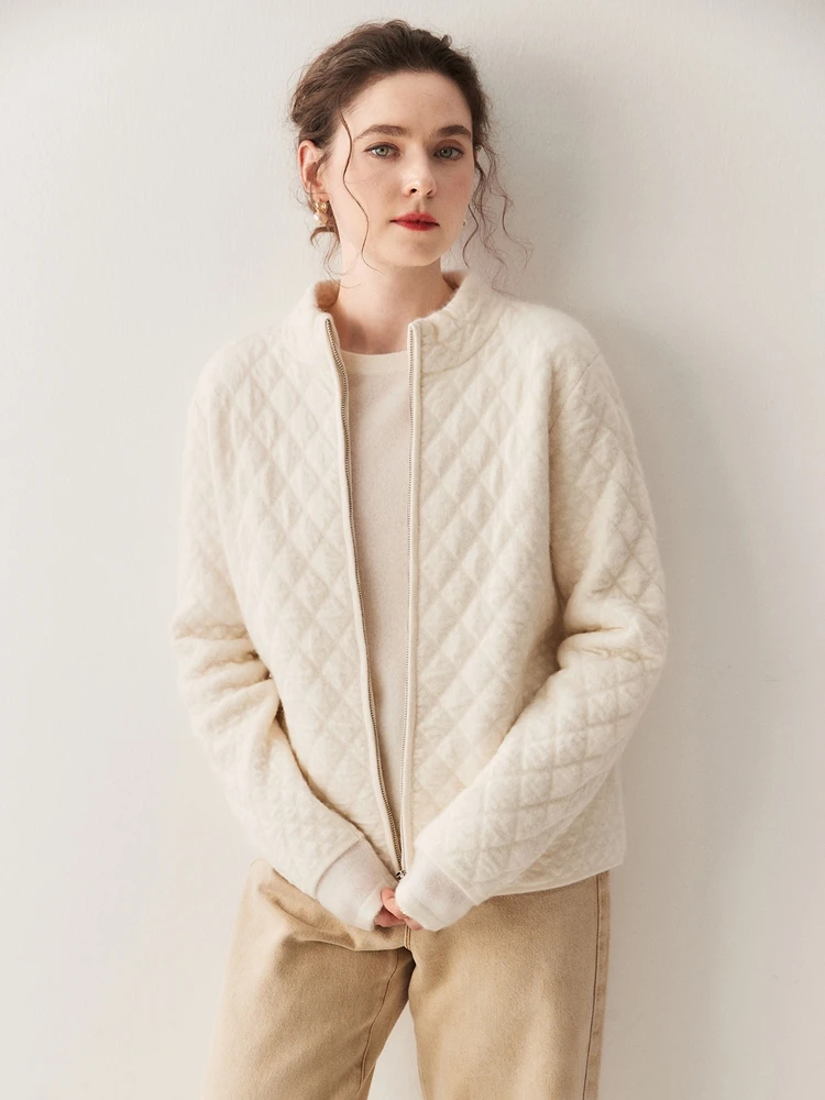 

High Quality Exquisite Textured Cotton Cardigan Women's Elegant Autumn Winter 100% Cashmere Sweater Warm Soft Clothing Tops