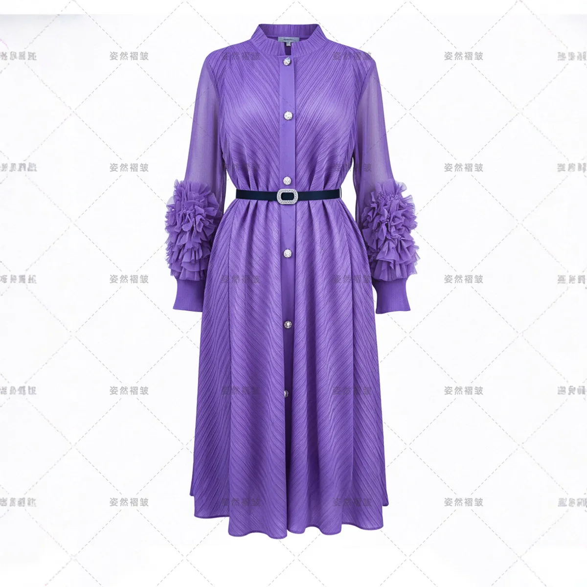 2025 African Temperament Women's Dress Miyake Pleated Hand-cranked Flower Shirt Straight Long-sleeved Skirt High-end Dress