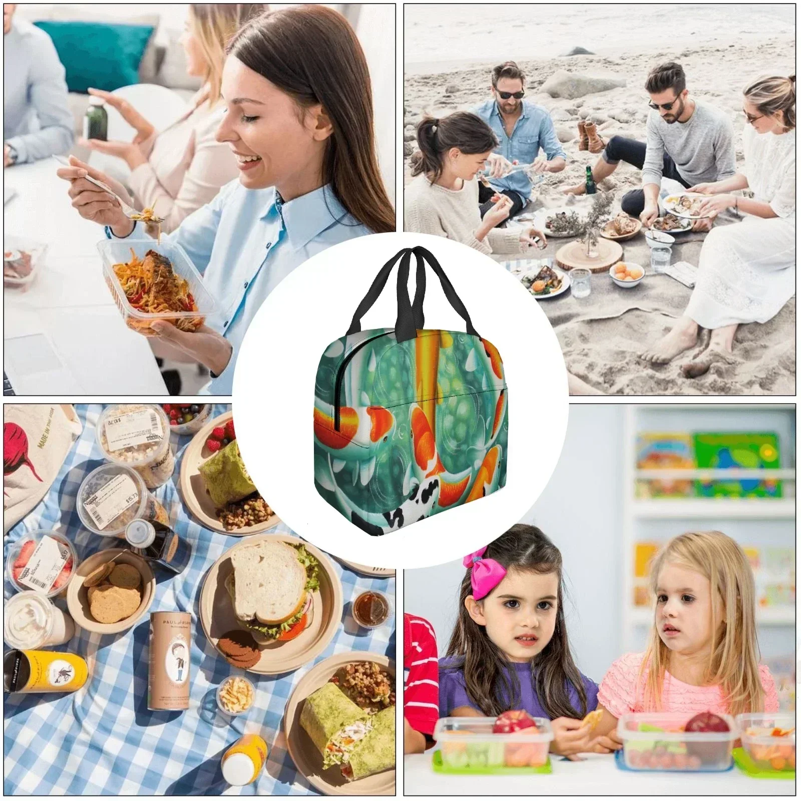 

carp ink painting koi Pattern Lunch bag portable aluminum foil thickened thermal insulation lunch-bag waterproof lunchs handbag