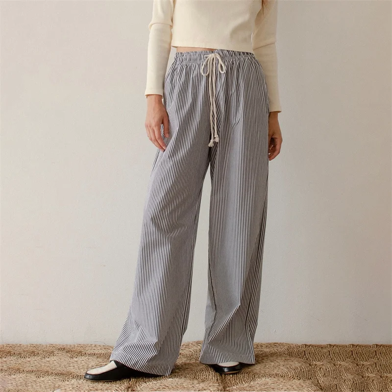 Women Y2K Vintage Striped Lounge Pants Pinstriped Wide Leg Pajama Pants Drawstring High Waist Loose Casual Trousers Streetwear