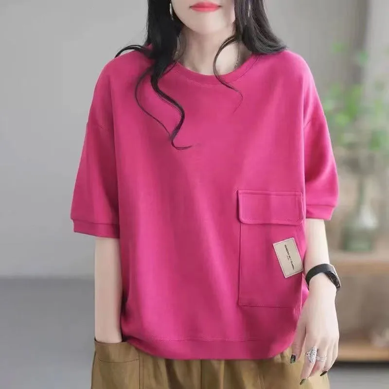 Women\'s T-shirt Short Sleeved Pure Cotton 2024 Summer New Korean Commuting Patchwork Loose Pocket Solid Round Neck Pullover Tops