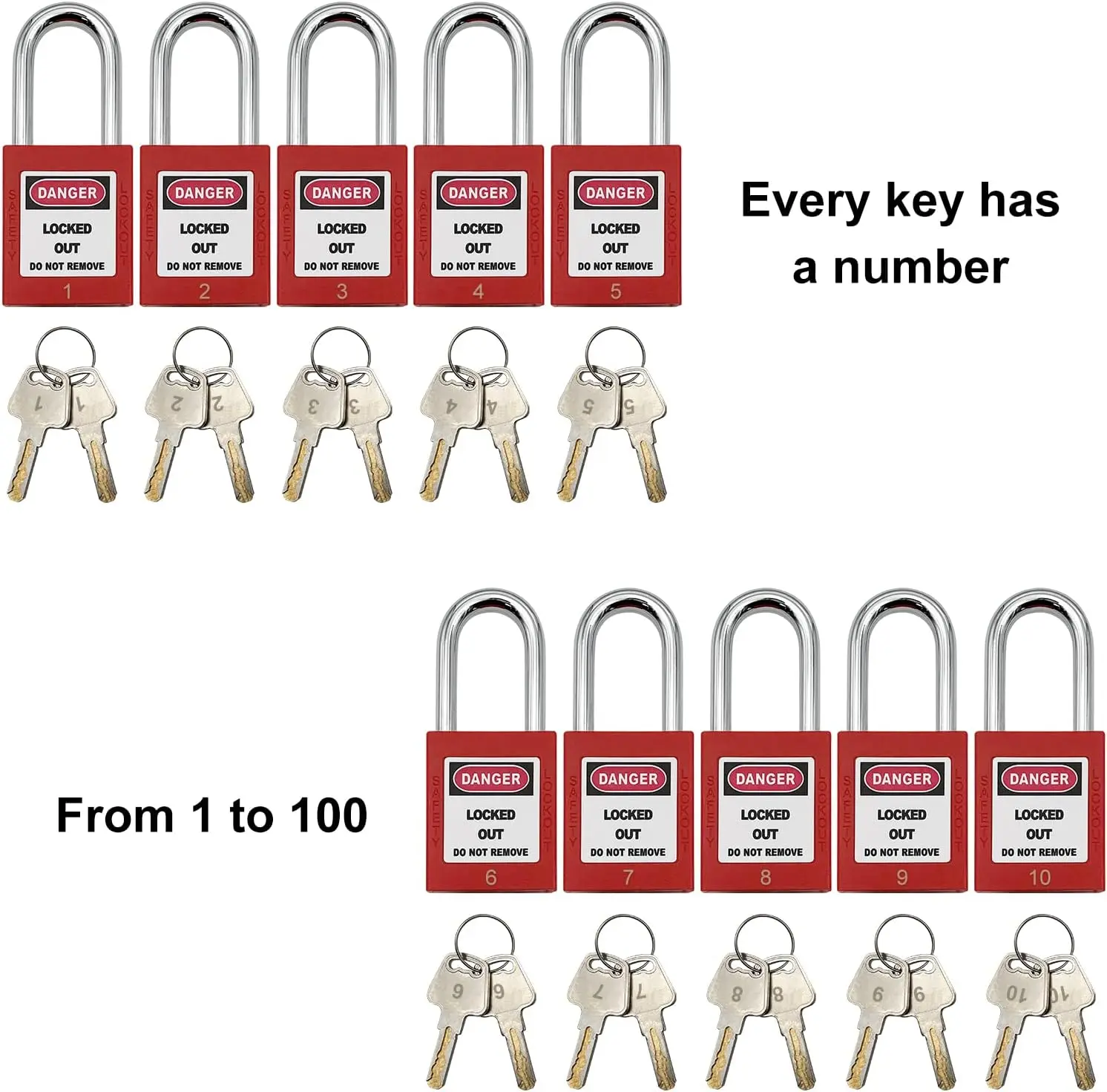 Safety Padlock, Loto Locks Keyed Differently Lock Out Tag Out 100 pcs Safety Padlocks Plastic with 100 Loc