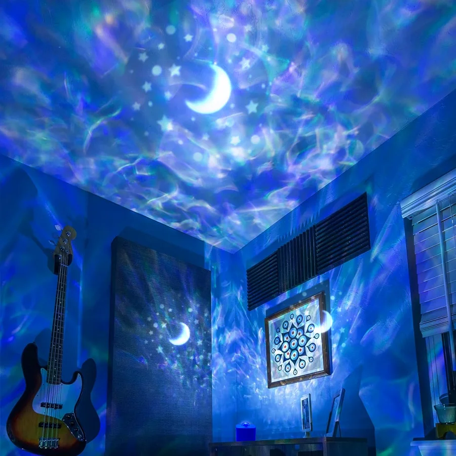 新しいユニークな星、月、青い周囲光、複数の色、調整可能なリビングルーム、ベッドルーム、小さな常夜灯