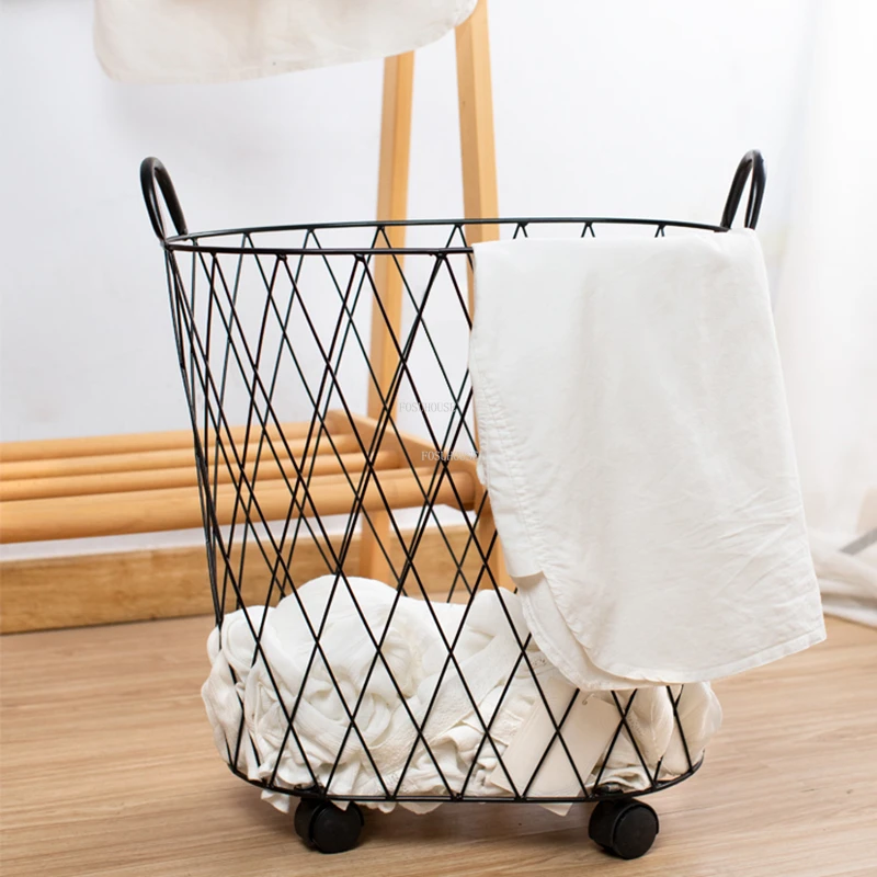 Home Golden Light Luxury Laundry Baskets Bedroom Iron Dirty Clothes Basket With Wheels Dirty Clothes Storage Basket With Handles