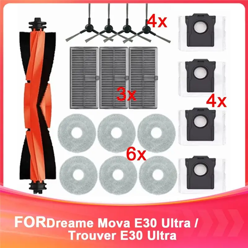 

AS94 - Аксессуары для роботов-пылесосов Dreame Mova E30 Ultra/Trouver E30 Ultra: основная и боковые щетки, фильтры, салфетки для влажной уборки, мешки для сбора пыли