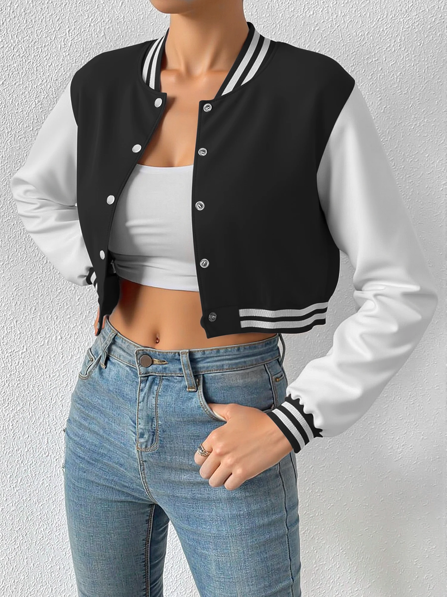

Lightweight Cropped Varsity Bomber, Striped Trim Baseball Coat for All-Season Casual Outfits