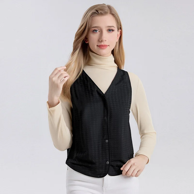 MadBlack-Silk Filling Elegant Vest Coat, V Neck Jacquard, Women Versatile Casual Soft Warm Cardigan, 2026 Autumn New C66647CC