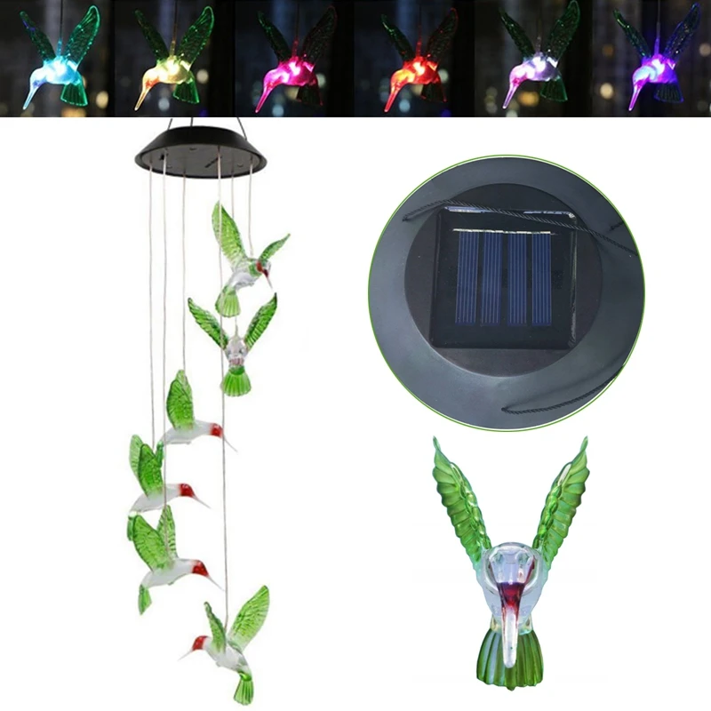 Humming Bird LED Solar Light Romantic Windbell Wind Chime String Lamp Pendant Color Changing for Garden Patio Yard Decor Lamp