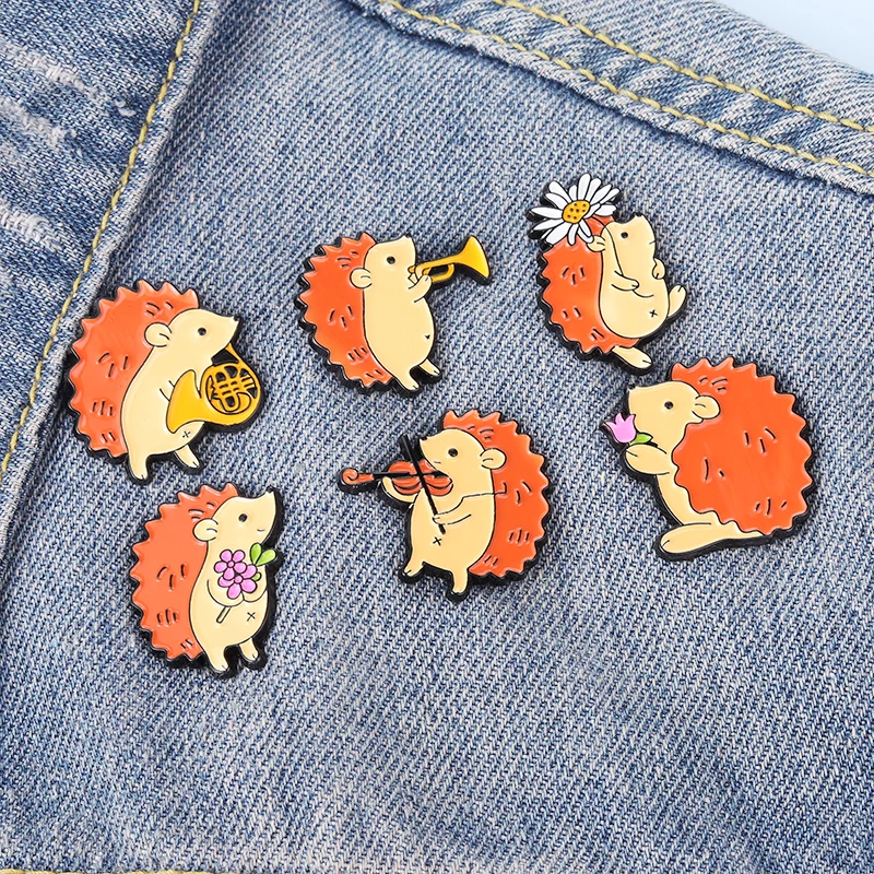 Cute Hedgehog Enamel Brooch Flower Acquisition Books Love Puzzle Violin Hedgehog Metal Badge Punk Lapel Pin Jewelry Accessories