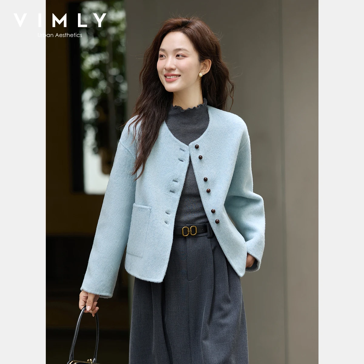 

VIMLY Women Winter Short Coats Office Wear 2025 Round Neck Tweed Ladies Jackets Elegant Double Faced Wool Loose Outwear 50871