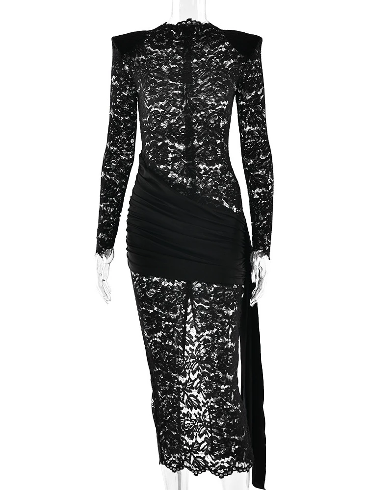 XIAOTANG Kant See Through Sexy Maxi Jurk Vrouwen Jurk Elegante Sheer Lange Mouw Gedrapeerde Ruches Bodycon Club Party Lange Jurken