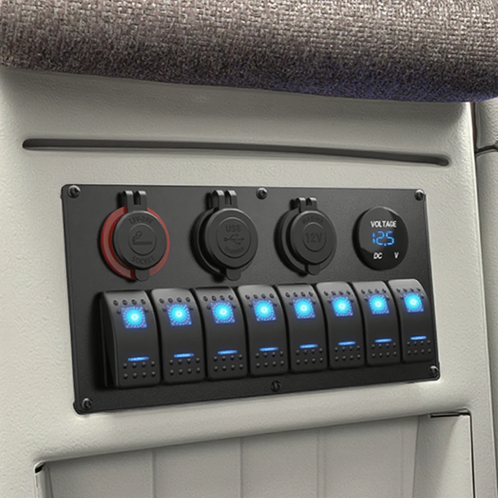 Aluminium Custom Boat Rocker Switch Panel 8 Gang Led Switch Panel With 2 Cigarette Lighter Sockets And 2-Port USB