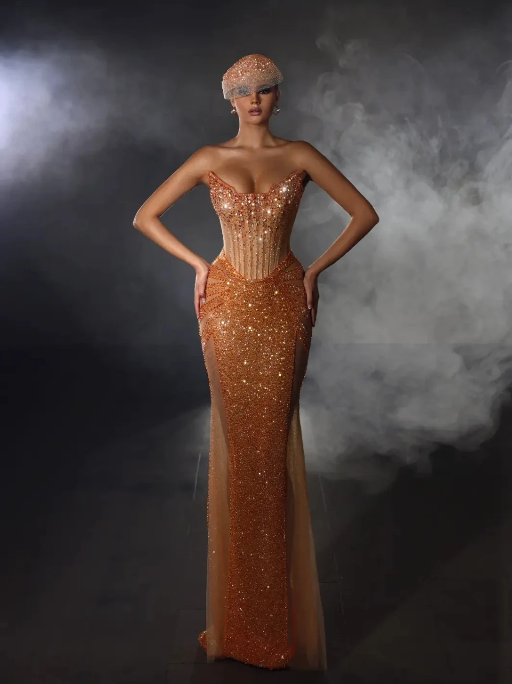 Glamourosa brilhante lantejoulas vestido de noite sem alças sereia feminino luxo frisado vestido formal com painéis transparentes para baile de formatura gala