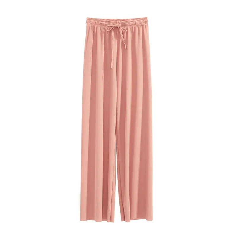 Women Wide Leg Long Pants Casual Solid Elastic Waist Loose Ankle-Length Ice Silk Pants Spring Summer Female Trousers