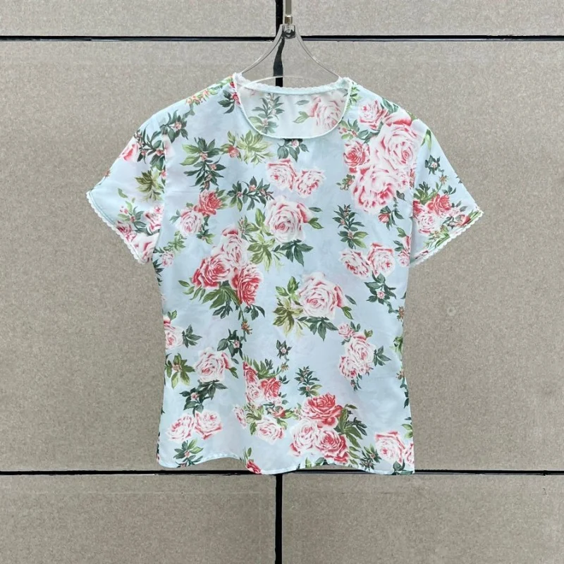 New Summer Women's Round Neck Lace Trim Silk Blend Short Sleeve T-Shirt High Quality Fashion Printed Stretch Slim Fit Sheer Top