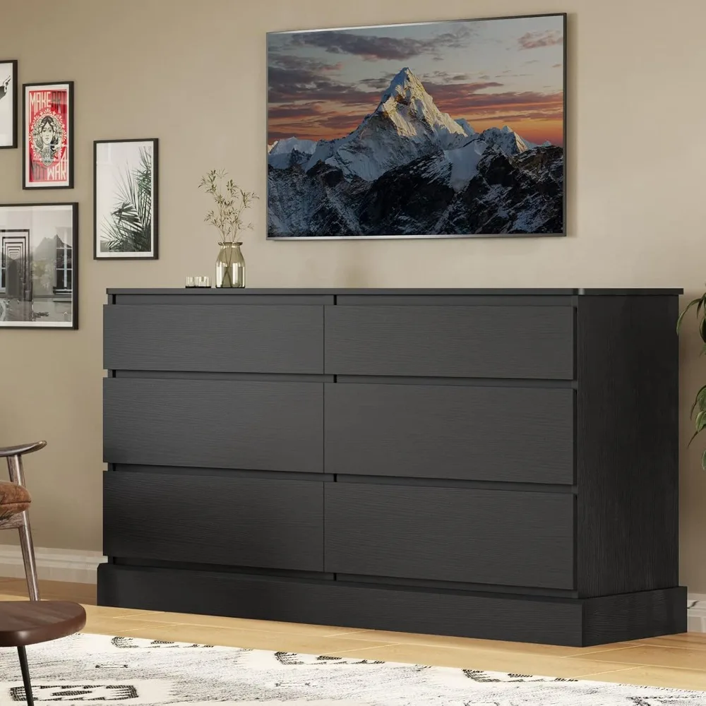 

Dresser for Bedroom, 6 Drawer Double Dresser, 51.5''W Wooden Storage Chest of 6 Drawers, Wide Black Dresser for Bedroom