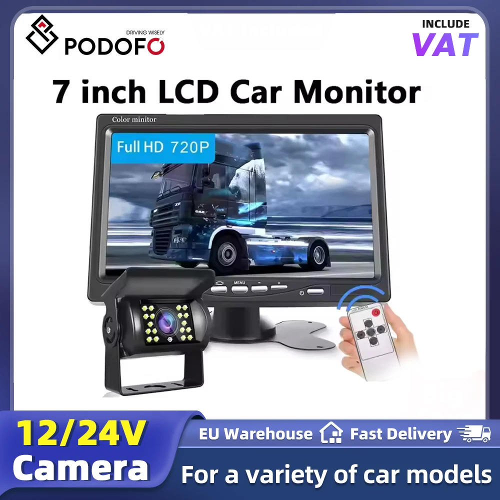 Podofo 7-Zoll Auto-Monitor LCD HD mit Rückfahrkamera-Anzeige Farbbildschirm Auto-Rückfahrset für LKW Bus Van
