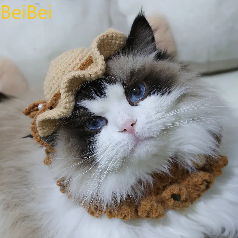 

2025 New Hand-knitted Pet Cap Cartoon Cute Ruffled Flower Woolen Costume for Puppy Rabbit Kitten Small Dogs Small Animals