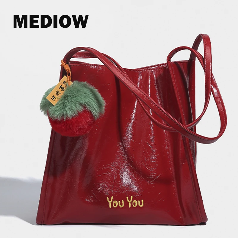 

MEDIOW Casual Tote Bag For Women Luxury Designer Handbag And Purse 2023 New PU Letter Decoration Glossy Wax Leather Shoulder Bag