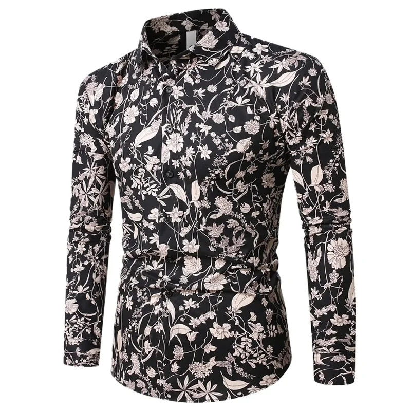 رجل طويل الأكمام الأزهار قمصان جديدة خمر القطن قمصان طويلة الأكمام هاوايان الفقرة Hombres الرجال عطلة فستان الحفلات قميص 6XL #2