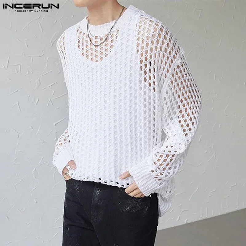 Fashion Casual Style Tops INCERUN 2024 Men's Sexy Hollow Solid All-match T-shirts Streetwear O-neck Long Sleeved Camiseta S-5XL