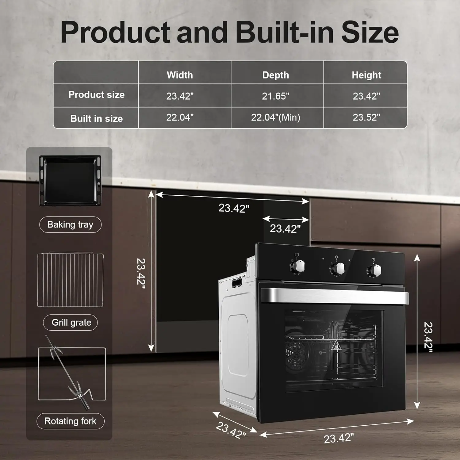 24 inch Built-in Electric Convection with Rotisserie 8 Cooking Functions, 2900W,240V,2.15Cu.f Wall Oven