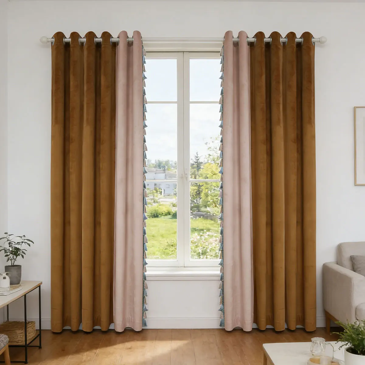 2 Panels Color Block Tassel Velvet Blackout Curtains, Soundproof Thermal Window Drapes for Bedroom Living Room