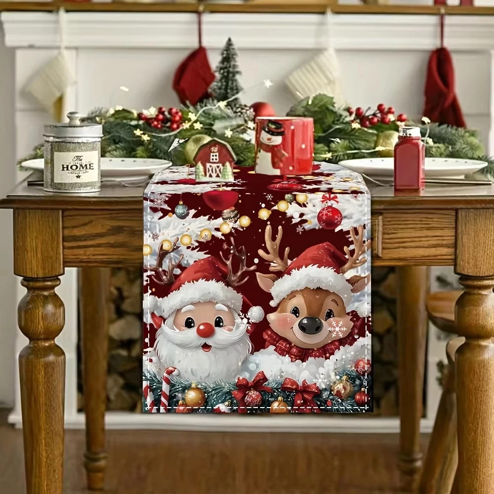 Cute Christmas Table Runner - Red Background with Cartoon Santa & Reindeer | Family Dinners