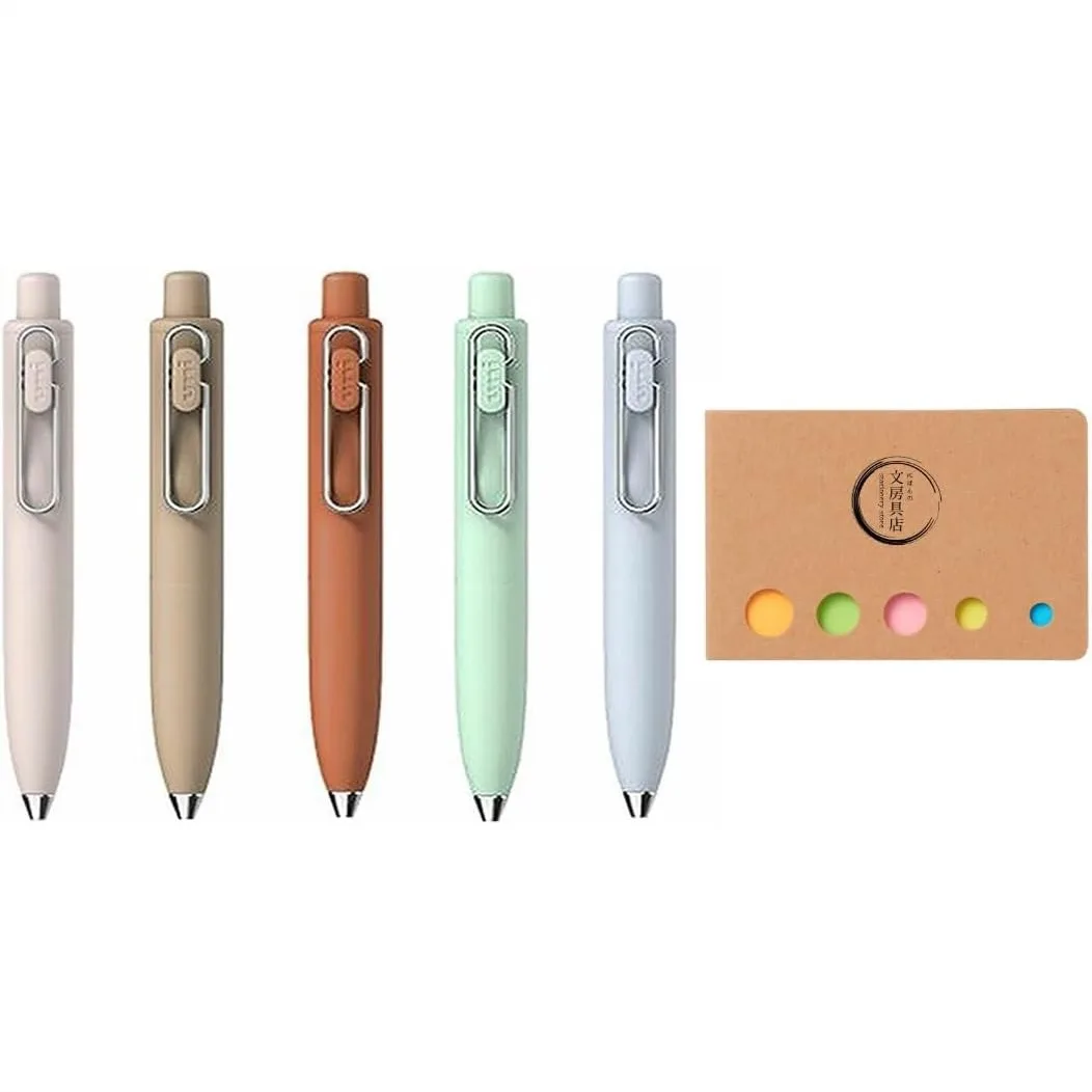 

Gel Ink Rollerball Pen 0.38mm Black Ink, 5 Faded Color Body Set with Sticky Notes, Quick-Drying Smudge-Free for Writing