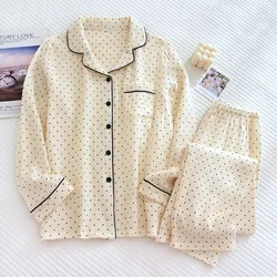 Spring And Autumn New Pajamas Long-Sleeved Trousers Two-Piece Women's 100% Cotton Crepe Casual Cardigan Dot Homewear Suit