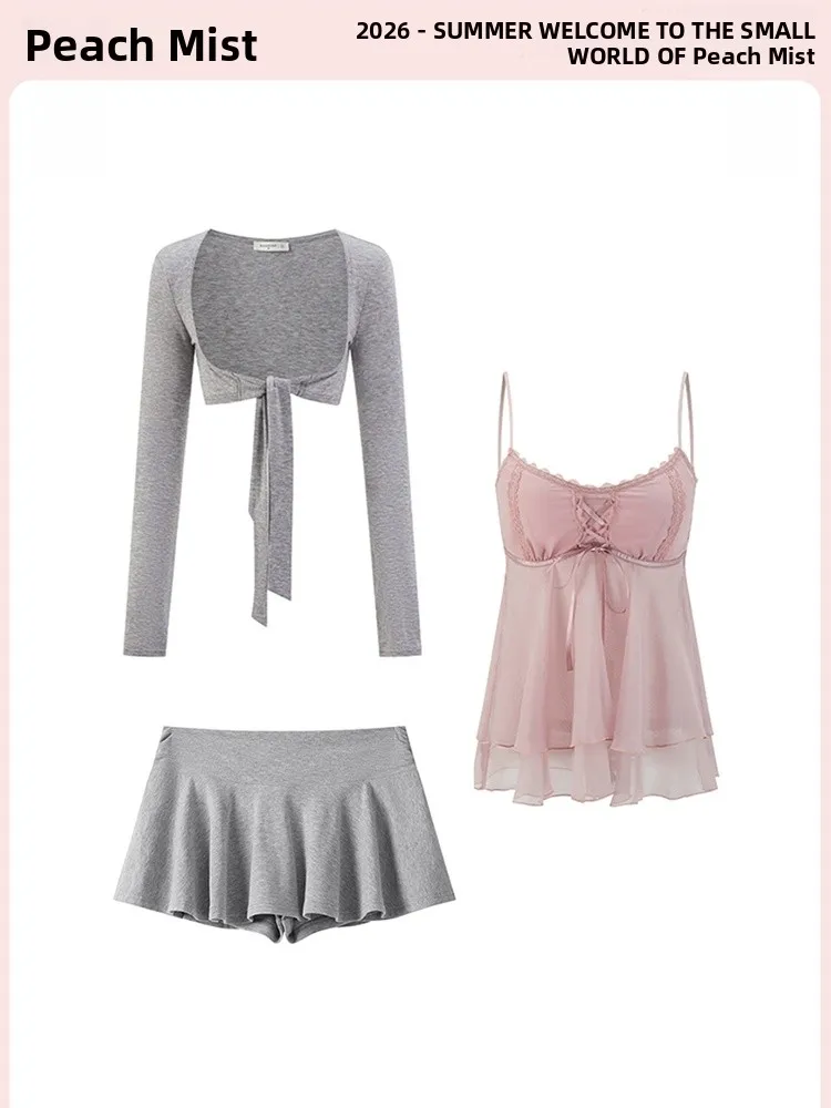 Summer 2026 Korean Style Pink Long Sleeve Open Cardigan Belted Vest High Waist  Skirt Three Piece Set Women's Fashion Ens...