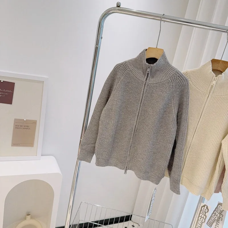 Kids High Neck Zip Up Knit Cardigan Vertical Ribbed Sweater Boys Girls Solid Long Sleeve Warm Casual Knitted Outerwear