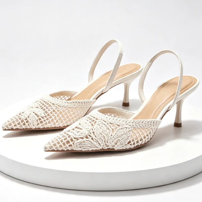 Elegant Mesh Slingback High Heels for Ladies Pointed Toe Embroidered Summer High-heeled Sandals Luxury Party Designer Dress Shoe