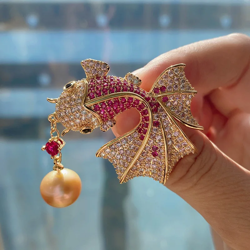 DIY accessories Gold plated microinlaid zircon Cute Goldfish brooch