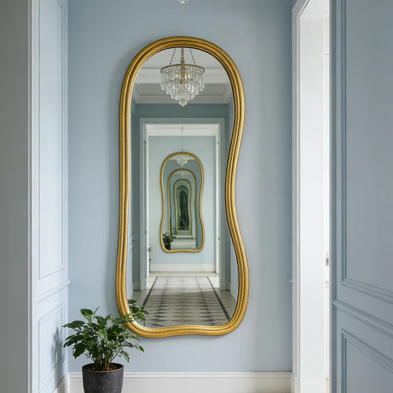 French retro gilt floor-to-ceiling full-body mirror retro old streamline irregular