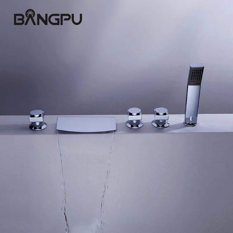 

Chrome Modern 5 Hole Waterfall Tub Faucet with Sprayer Deck Mount Bathtub Faucet Set Roman Tub Faucet Combo with Handheld Shower