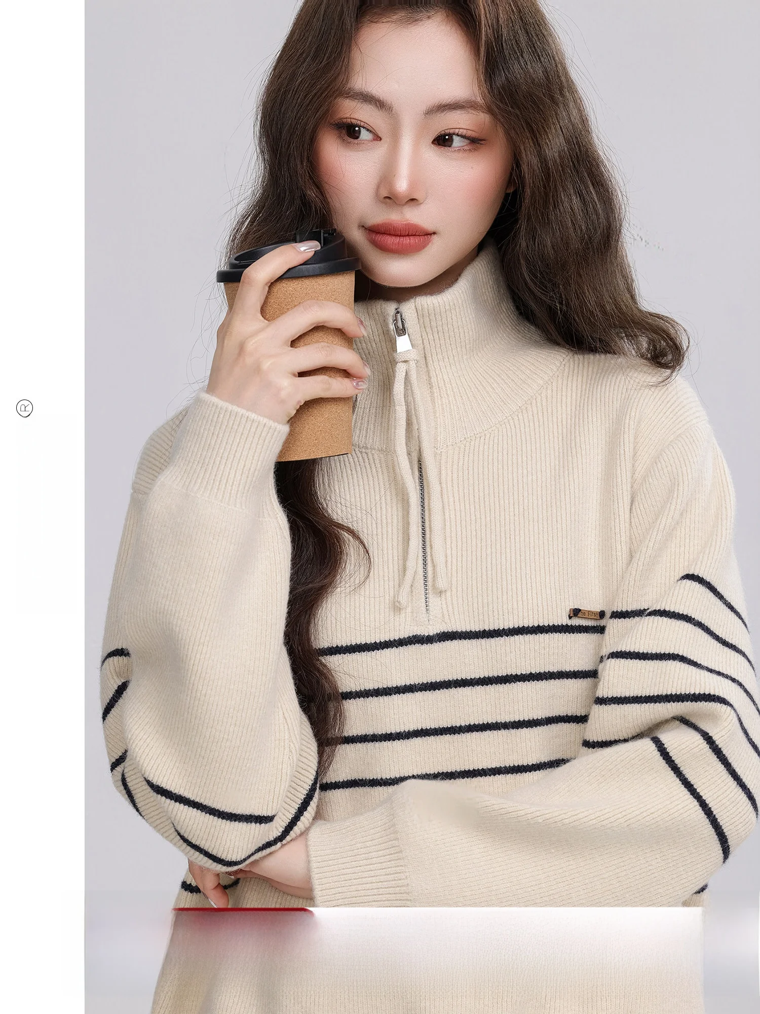 

Daisy Witch Winter Sweater Women's Loose High Collar f Zip Striped Knitwear Vintage Sle Casual Long Sve Top
