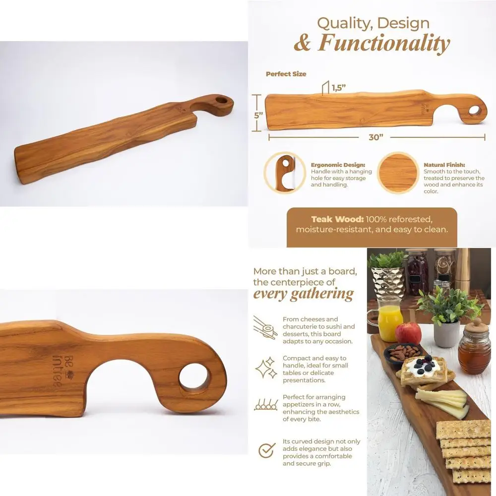 

Handcrafted Teak Charcuterie Board with Handle, 30x5x1.5 - Perfect for Cheese, Appetizers, and Holiday Food Presentation
