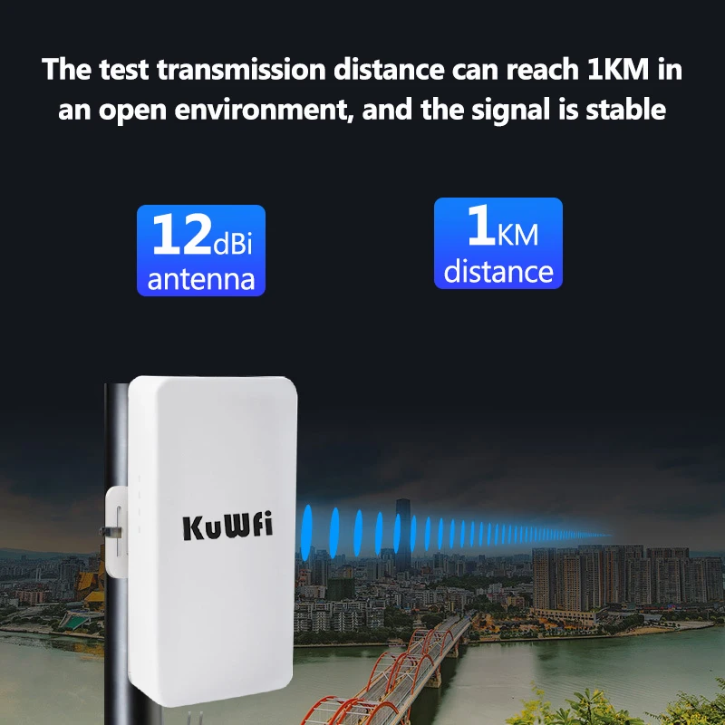 KuWFi-Roteador WiFi ao ar livre, poderoso repetidor sem fio, extensor de longo alcance, ponte, 1km, ponto a ponto, 2.4Ghz, 300Mbps