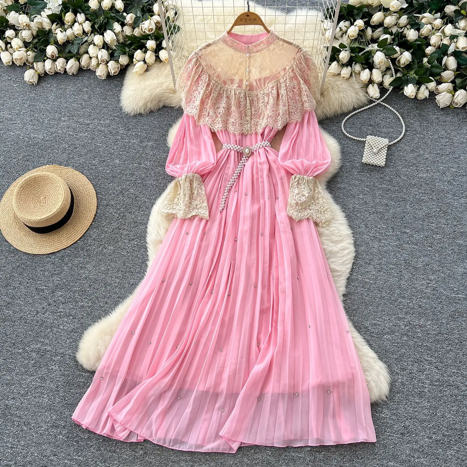 

Women Mesh Spliced Dress Lantern Sleeved Elegant Evening Dresses Party Ruffles Button Lace Folds Vestidos Office Lady Wedding