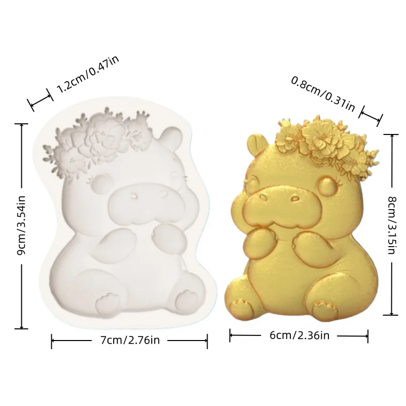 Healing-Style Flower Wreath Hippo Princess Mold, Dessert Chocolate Fondant Decoration DIY Silicone Mold