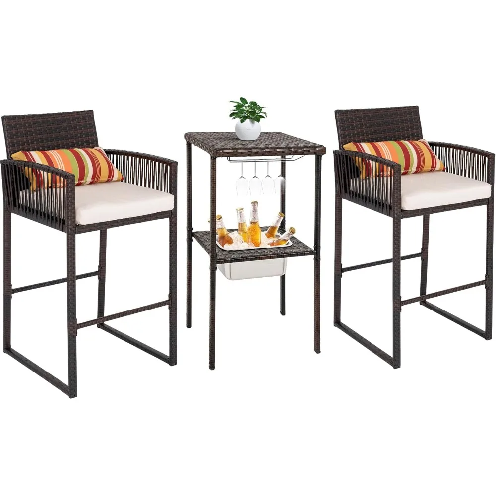 

3 Pieces Wicker Bar Furniture Set for 2, Patio Stools and Bar Set with Glass Holder & Ice Bucket, Counter and 2