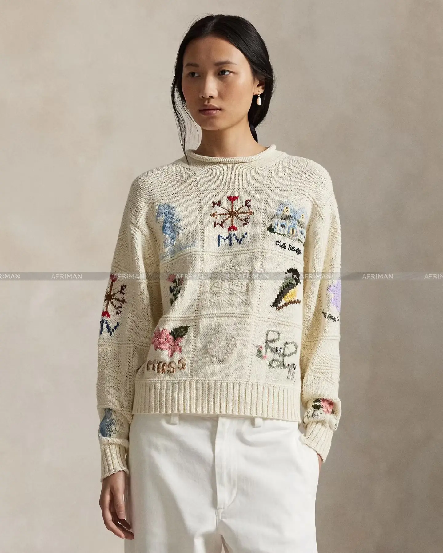 

Женский свободный свитер с цветочным и мультяшным жаккардовым крючком и резьбовым краем