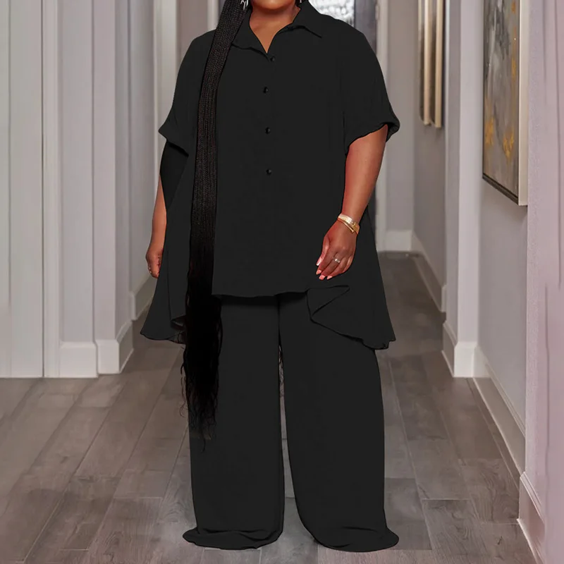 Slergiri Women's Plus Size Two 2 Piece Set 2025 Summer Turn-down collar Button Long Shirt Top And Wide-leg Pants Woman Sets
