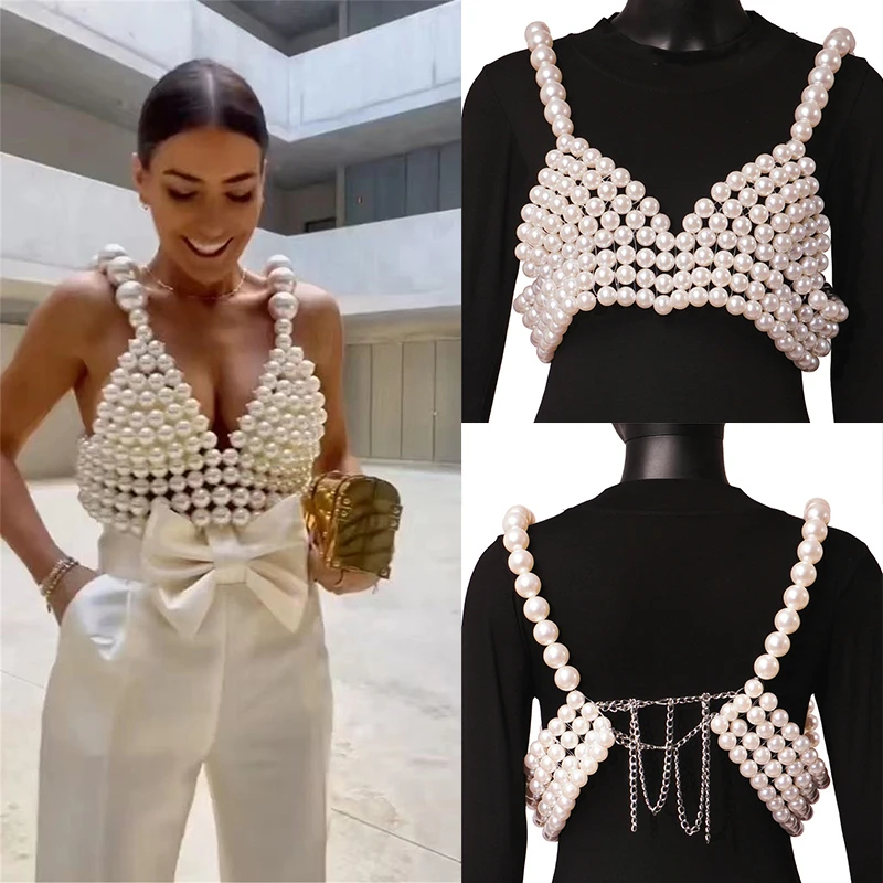 

2022 New Stylish Rave Party Vest Bra Body Jewelry Pearl Beaded Cami Top Cropped V-Neck White Blouse Crop Tops for Sexy Ladies