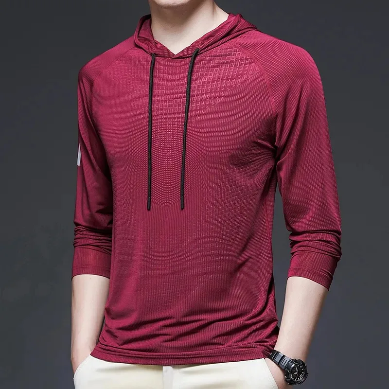 

Мужская весенне-летняя тонкая модная свободная быстросохнущая спортивная футболка с длинными рукавами и капюшоном